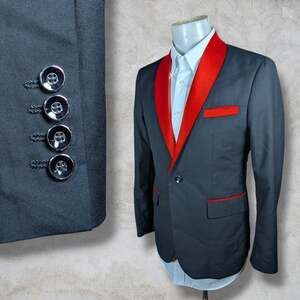 Bespoke Blazer Sport Coat Mens 36S Solid Black Red Satin Lapel Single Button